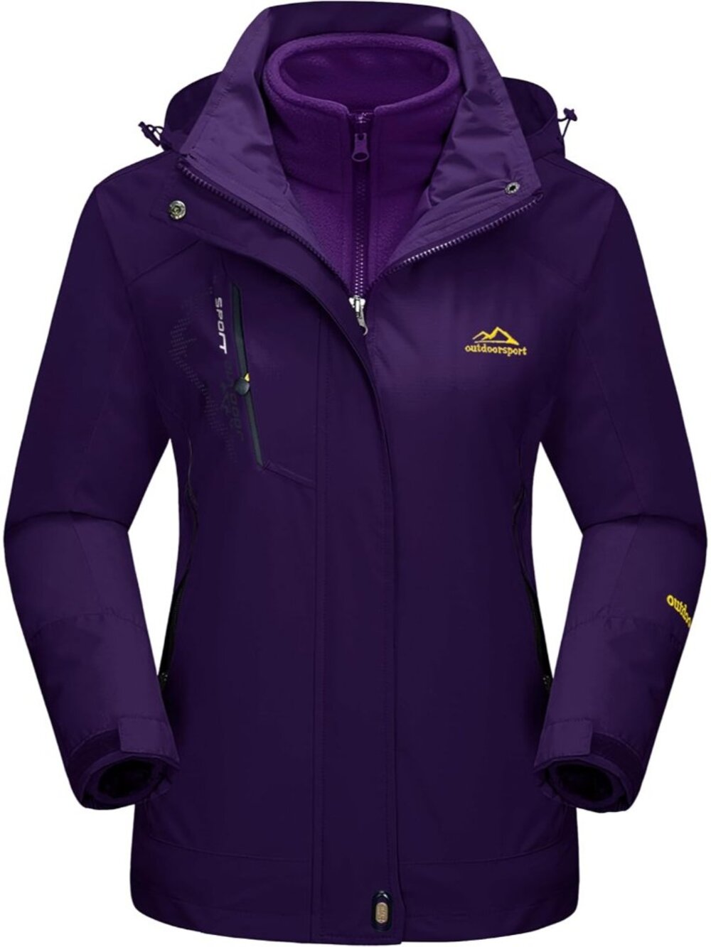 Women's Dark Purple Notch Collar Adjustable Hood Zipper Pocket Snow Ski Jacket